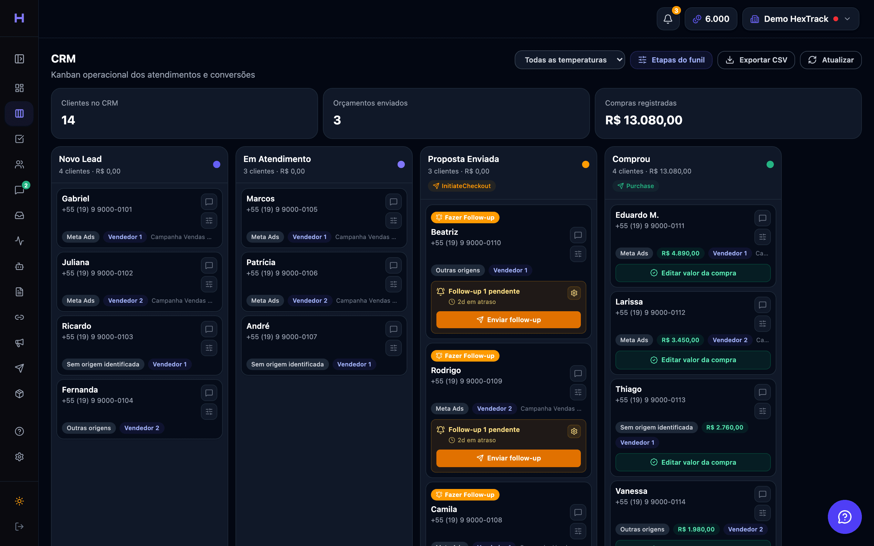 CRM Kanban da HexTrack com leads por etapa, origem, vendedor responsável, follow-ups e valor das compras