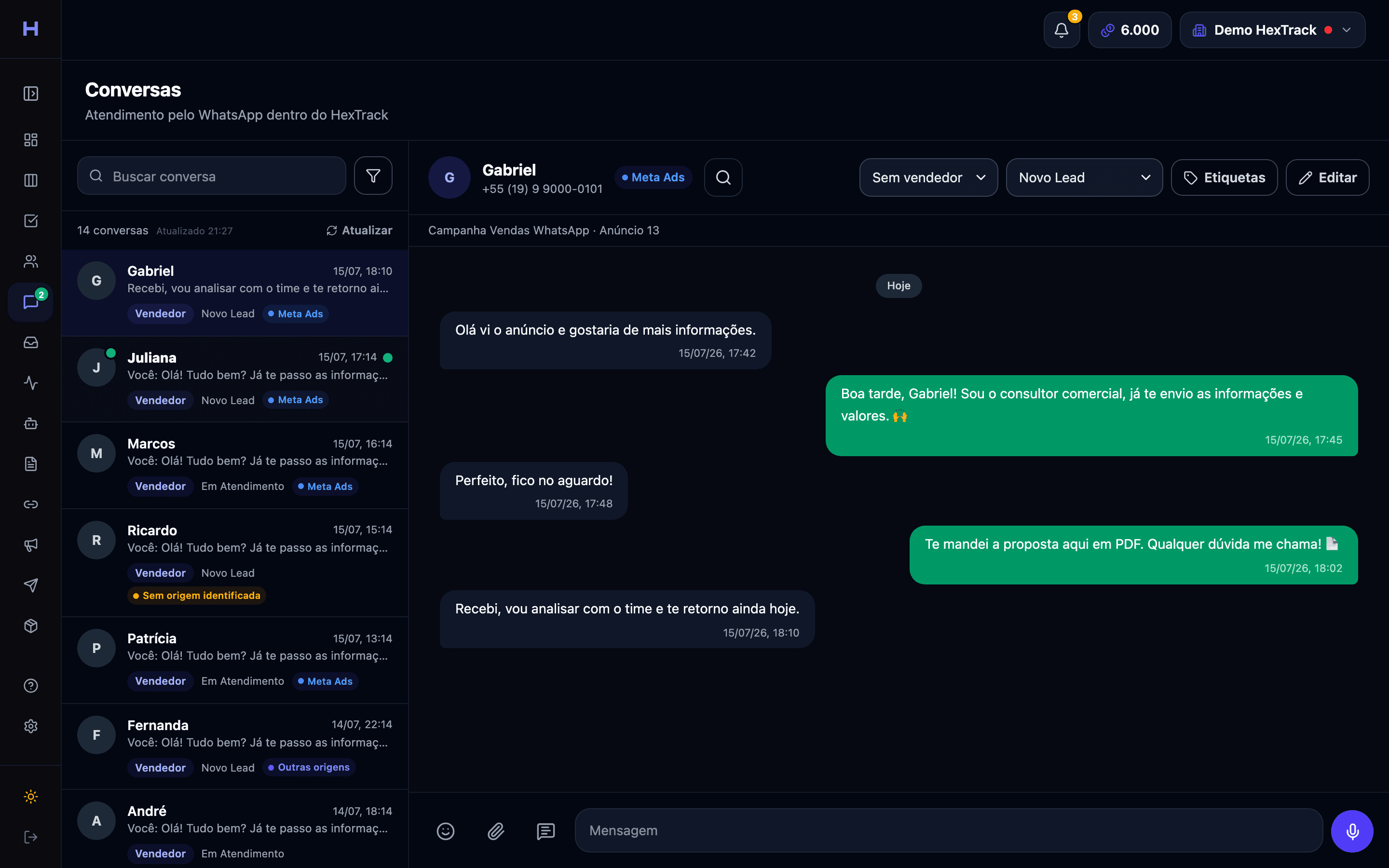 Inbox de conversas da HexTrack com o chat de um lead rastreado: campanha e anúncio de origem no topo da conversa