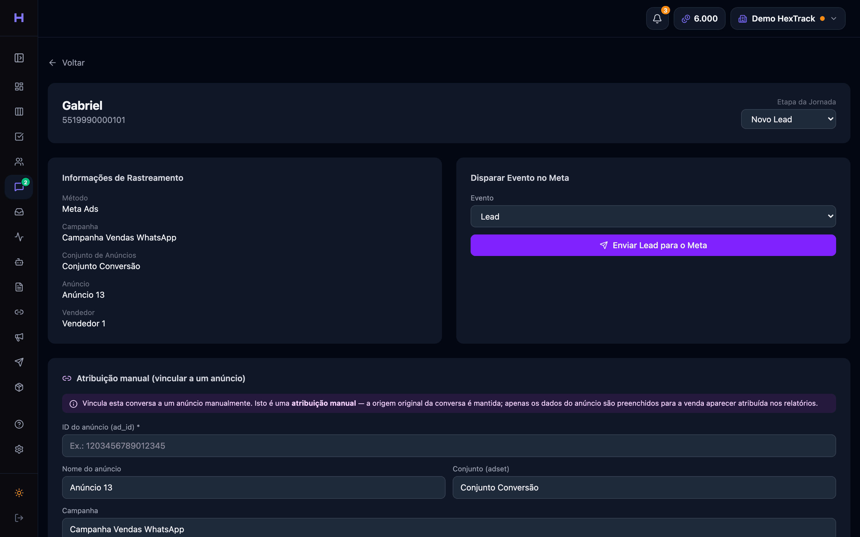 Detalhe de rastreamento do lead na HexTrack: campanha, conjunto de anúncios, anúncio e envio de evento ao Meta